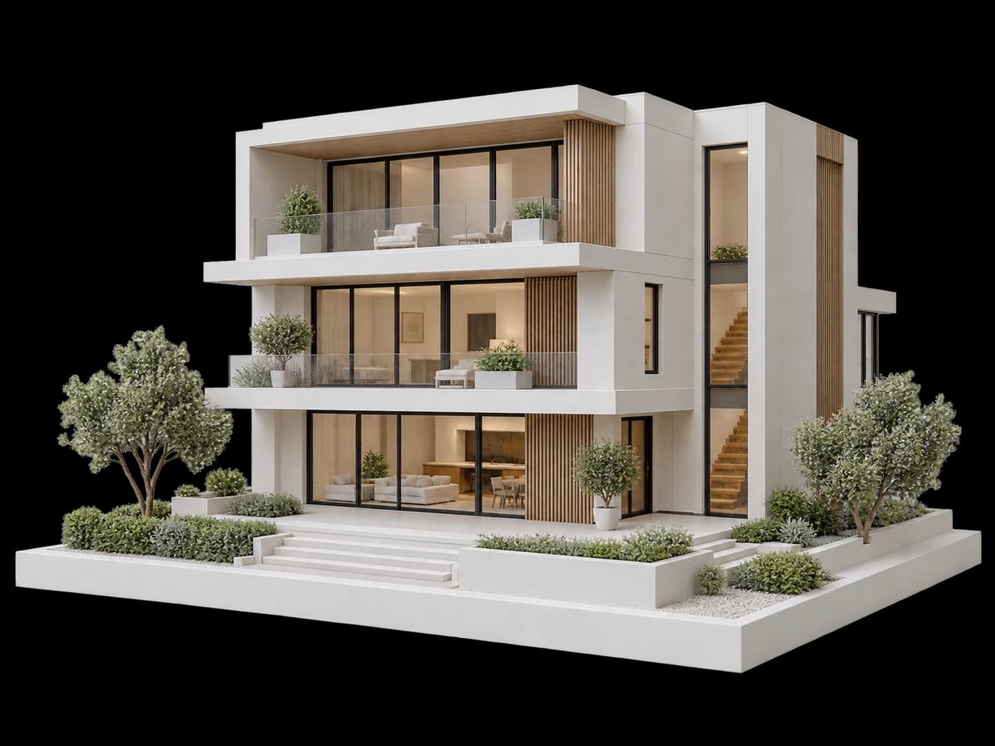 Detailed architectural scale model of a contemporary residence with balconies and landscaping