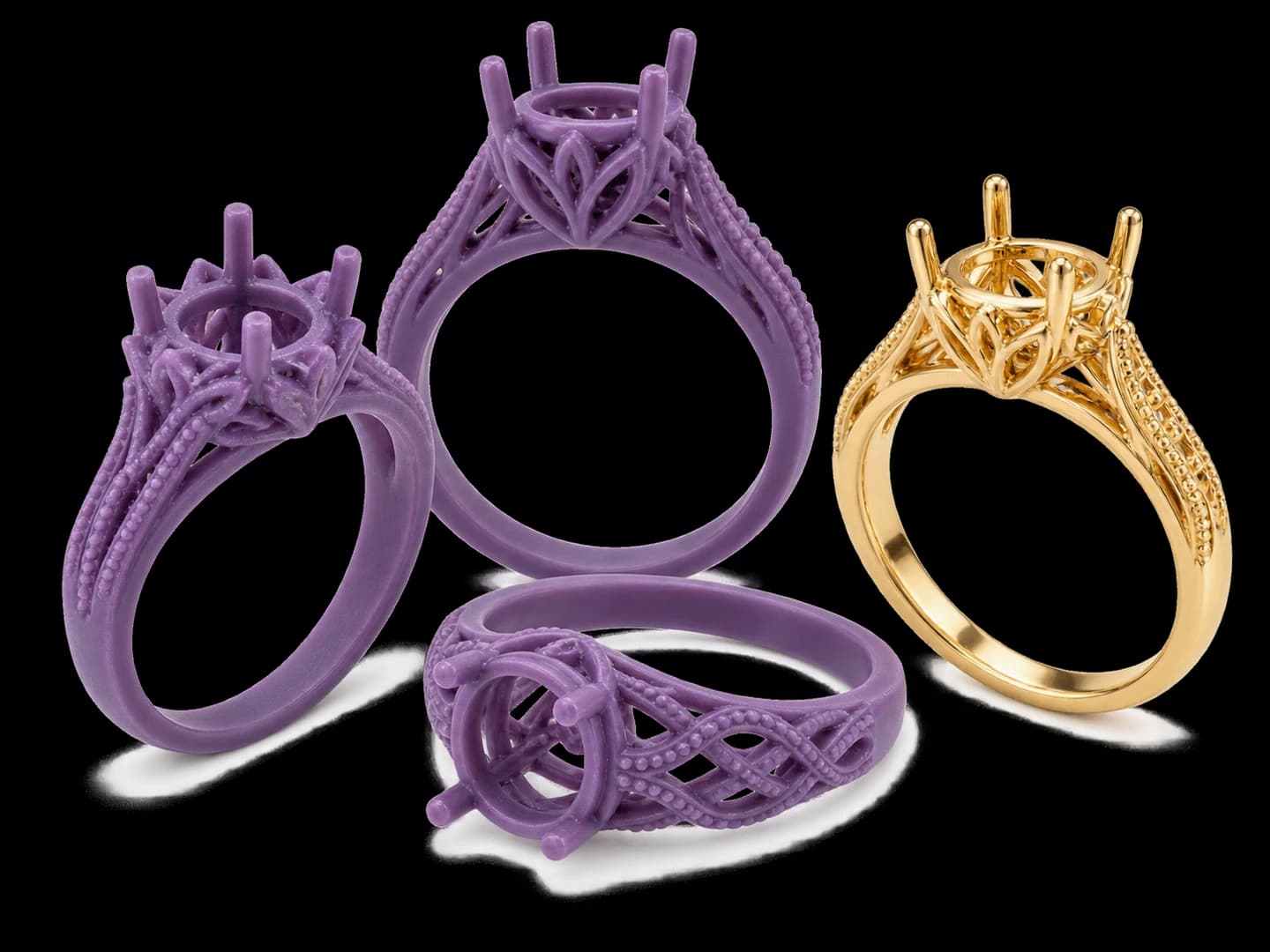 Purple castable resin jewellery ring masters beside a finished gold ring