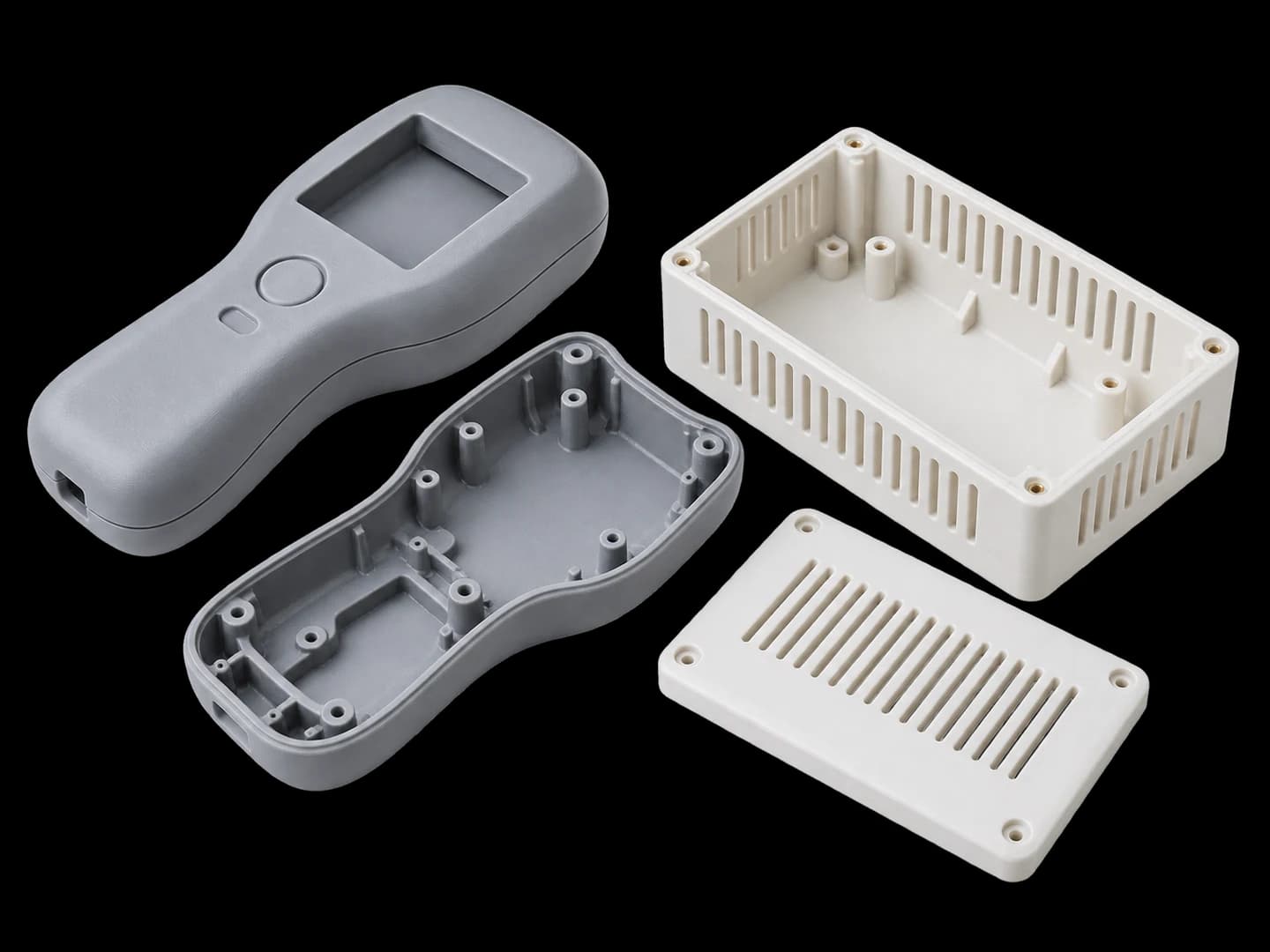 Handheld device housing and electronics enclosure prototypes with detached shells and lids