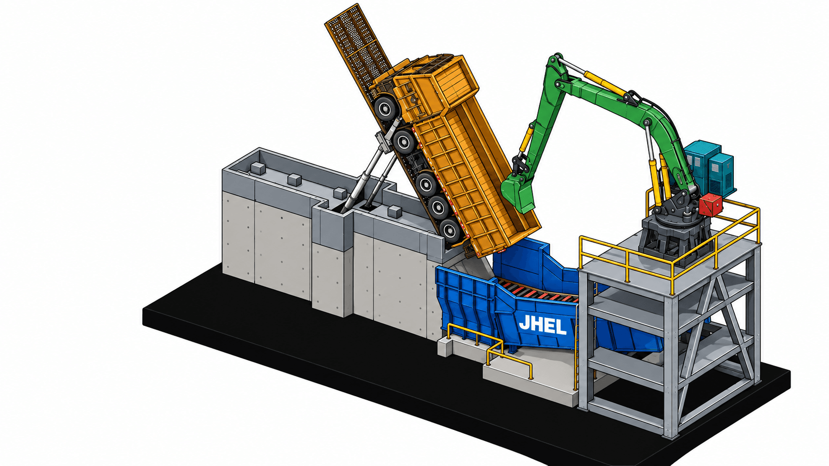 JHEL heavy machinery scale model with a truck tipper, hopper and material handling equipment
