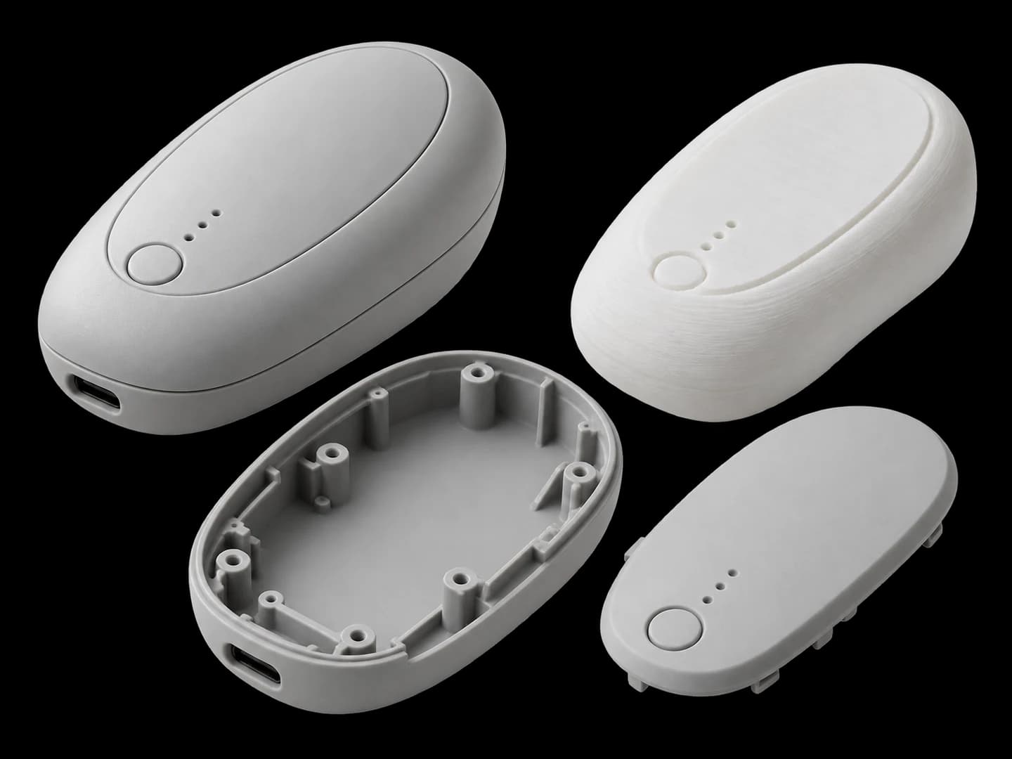 Handheld product prototypes with assembled enclosures, open shells and ergonomic trial models