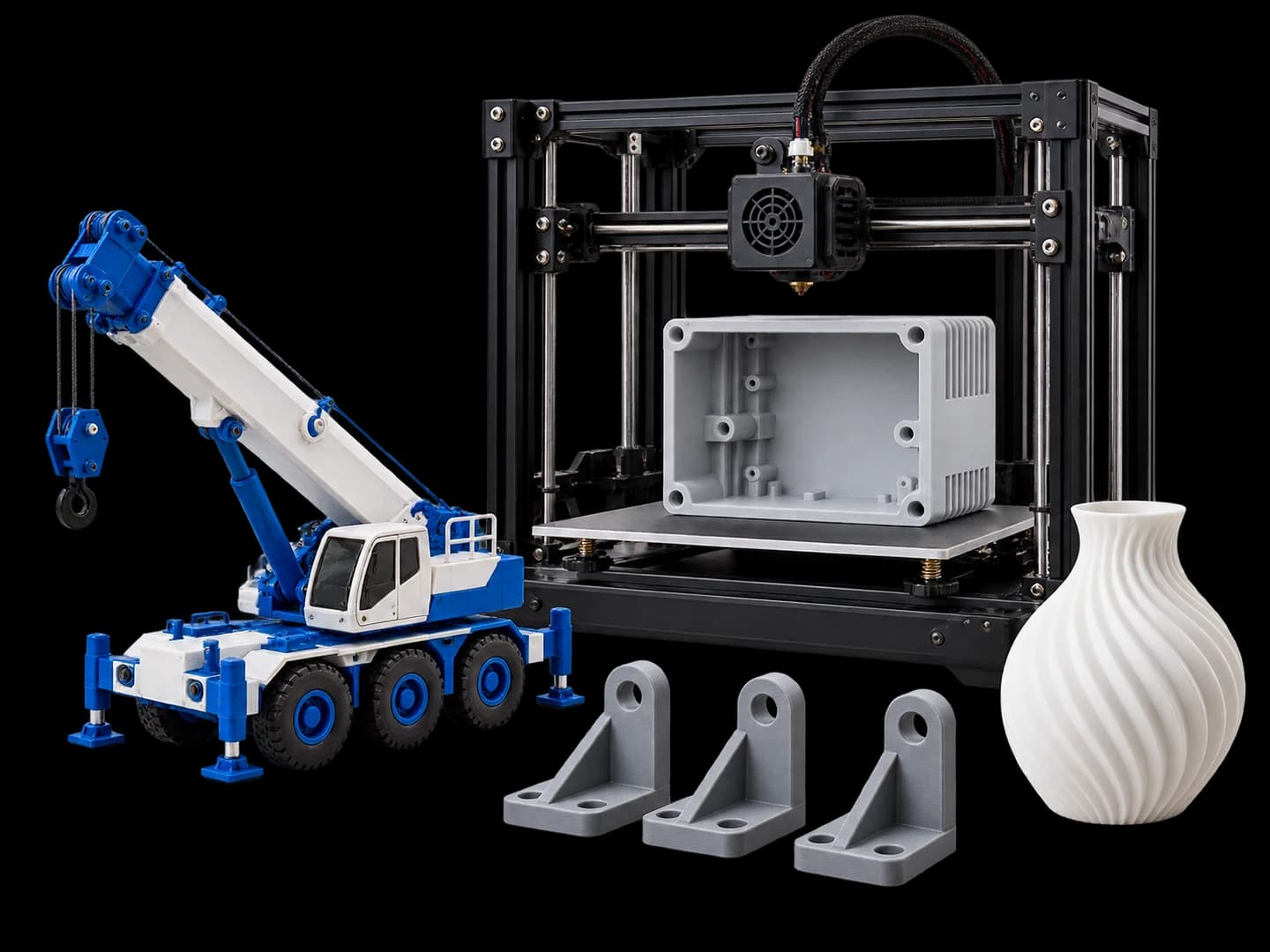 3D printer, miniature crane, printed production parts and sculptural decor made in one studio
