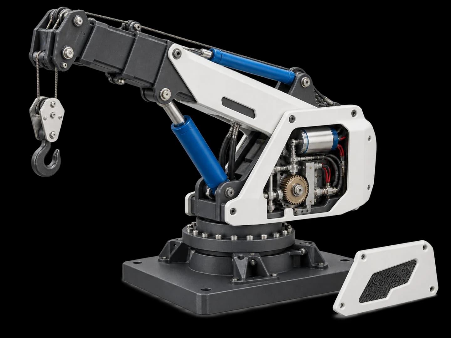 Functional miniature lifting crane with articulated joints and a cutaway showing internal gears