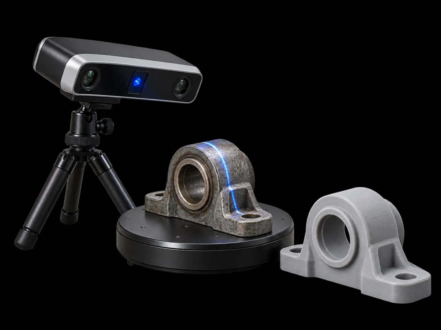 Structured-light 3D scanner measuring a metal bearing housing beside its printed reproduction